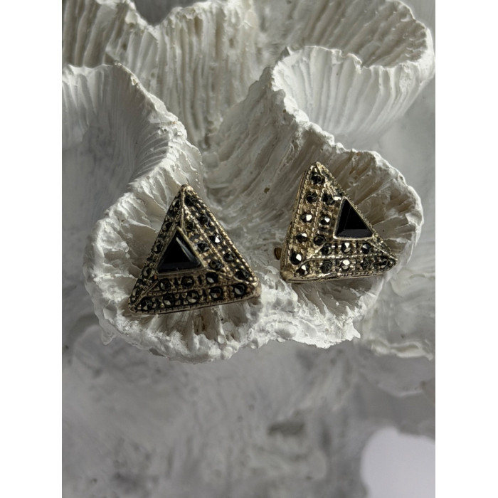 Vintage 925 Sterling Silver Onyx & Marcasite Earrings