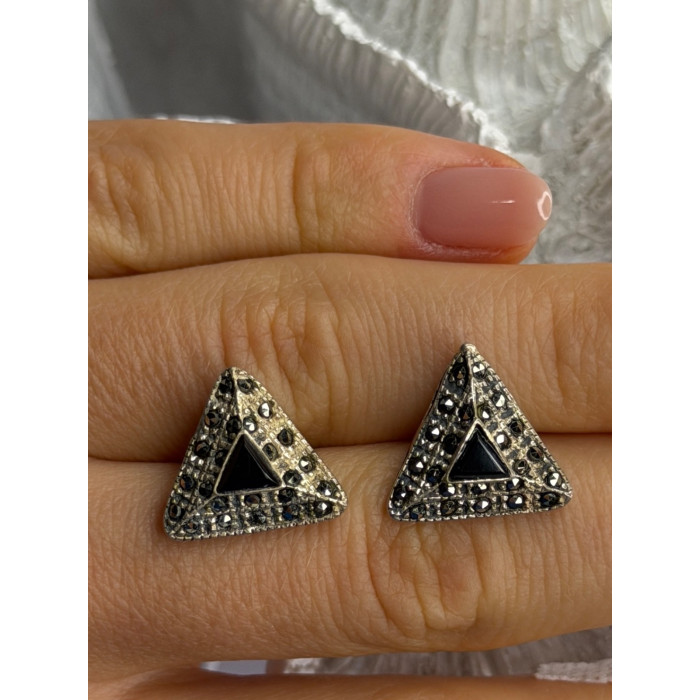 Vintage 925 Sterling Silver Onyx & Marcasite Earrings