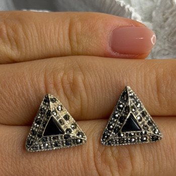 Vintage 925 Sterling Silver Onyx & Marcasite Earrings