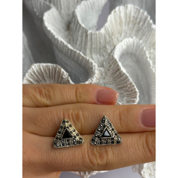 Vintage 925 Sterling Silver Onyx & Marcasite Earrings