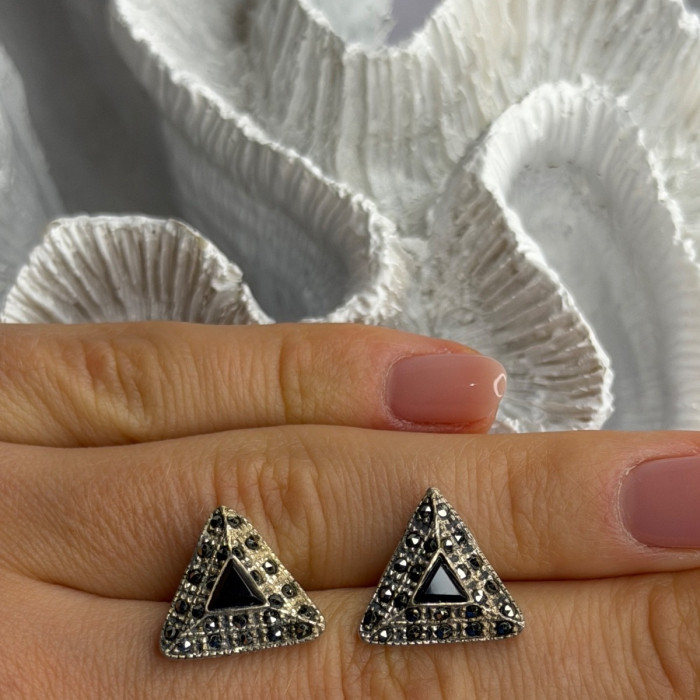 Vintage 925 Sterling Silver Onyx & Marcasite Earrings
