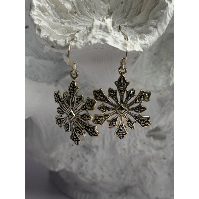 925 Sterling Silver Marcasite Snowflake Earrings