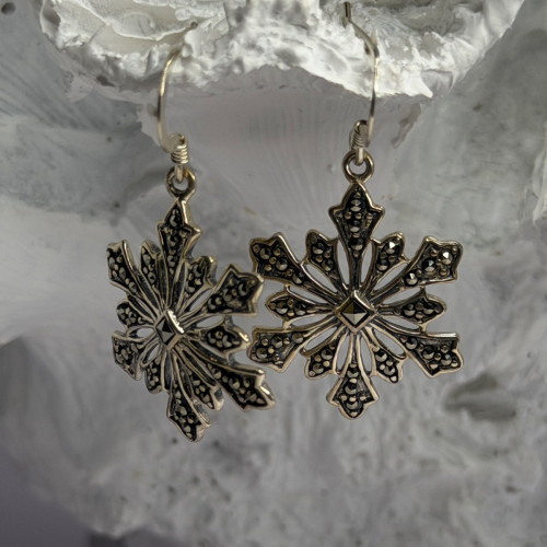 925 Sterling Silver Marcasite Snowflake Earrings