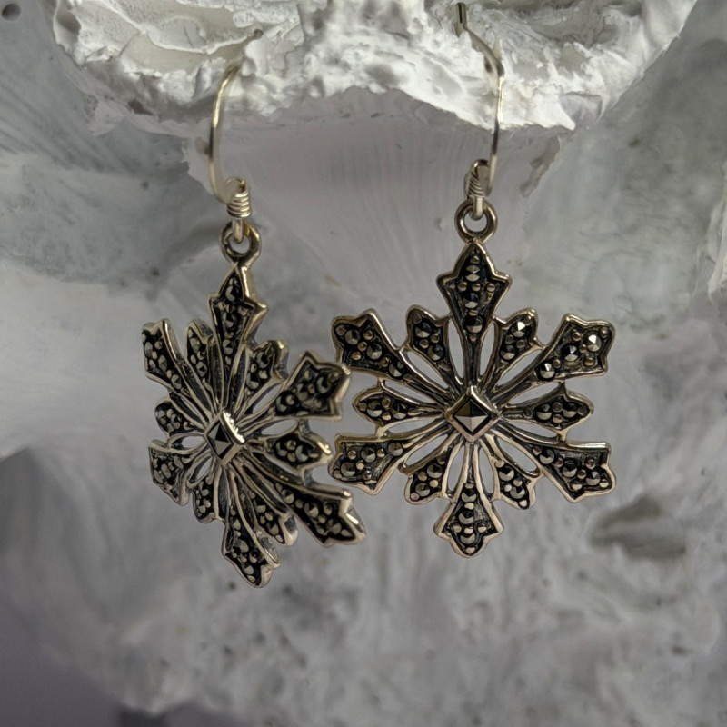 925 Sterling Silver Marcasite Snowflake Earrings