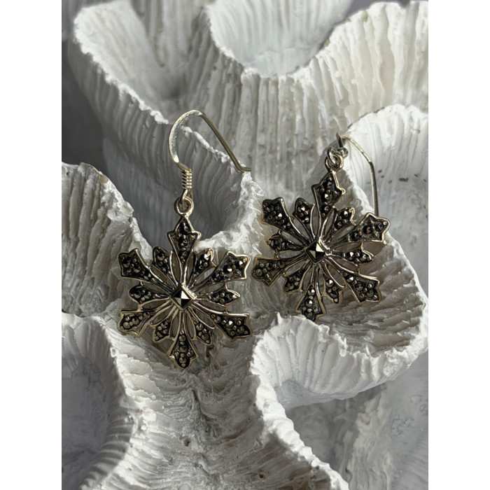 925 Sterling Silver Marcasite Snowflake Earrings