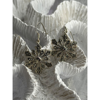 925 Sterling Silver Marcasite Snowflake Earrings