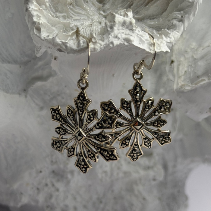 925 Sterling Silver Marcasite Snowflake Earrings