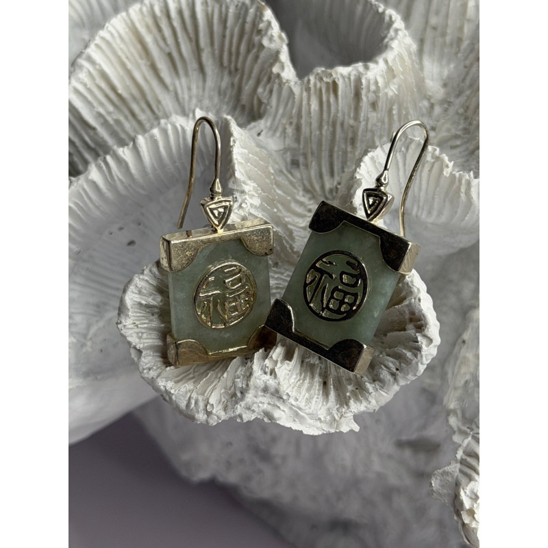 925 Sterling Silver Jade Earrings Length 1.30 inch