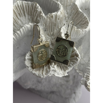 925 Sterling Silver Jade Earrings Length 1.30 inch