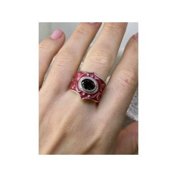 925 Sterling Silver Hessonite & Red Enamel Ring Size 9.5