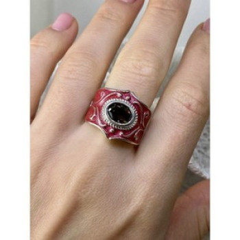 925 Sterling Silver Hessonite & Red Enamel Ring Size 9.5