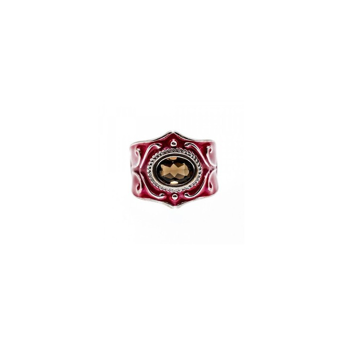925 Sterling Silver Hessonite & Red Enamel Ring Size 9.5