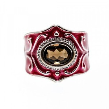 925 Sterling Silver Hessonite & Red Enamel Ring Size 9.5