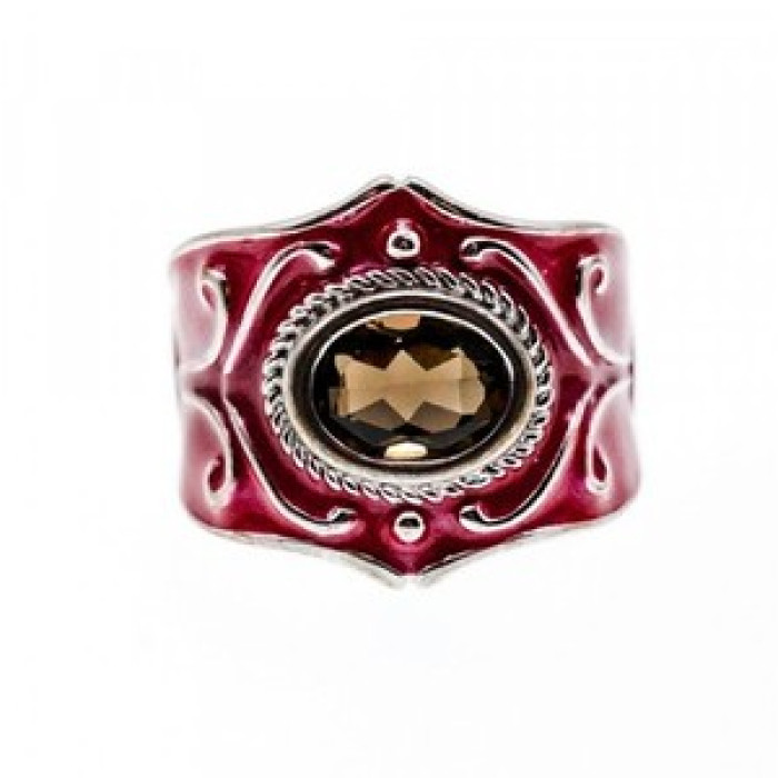 925 Sterling Silver Hessonite & Red Enamel Ring Size 9.5