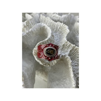 925 Sterling Silver Hessonite & Red Enamel Ring Size 9.5