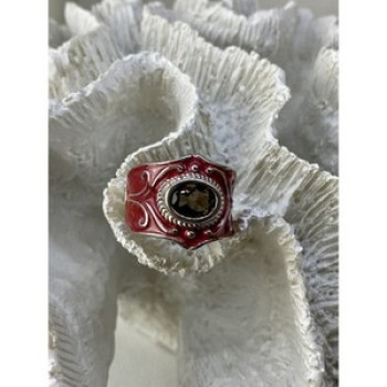 925 Sterling Silver Hessonite & Red Enamel Ring Size 9.5