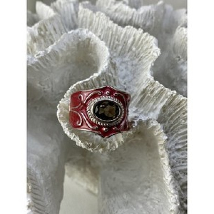 925 Sterling Silver Hessonite & Red Enamel Ring Size 9.5