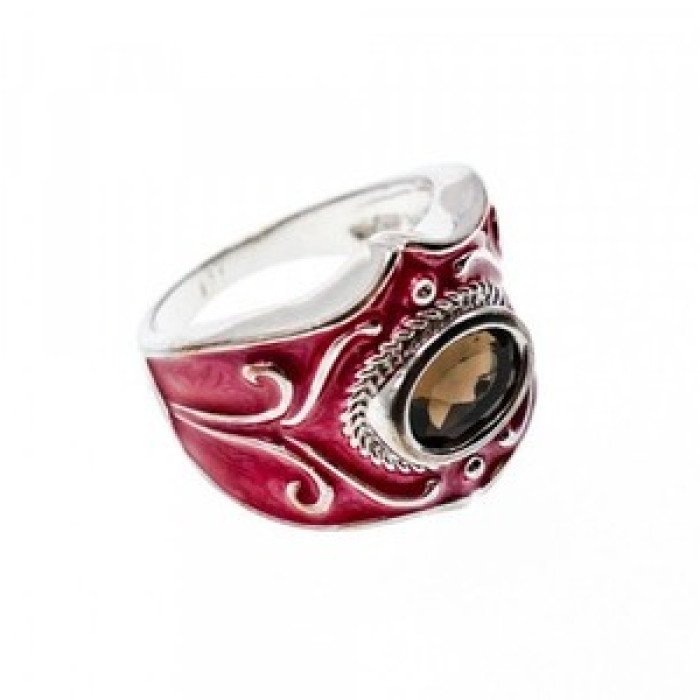 925 Sterling Silver Hessonite & Red Enamel Ring Size 9.5