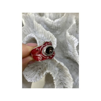 925 Sterling Silver Hessonite & Red Enamel Ring Size 9.5