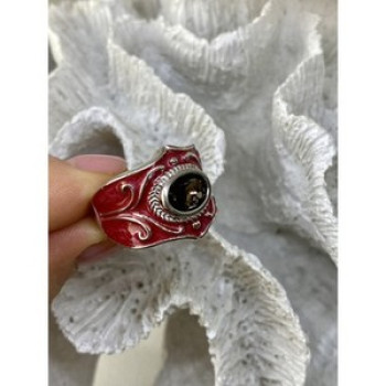 925 Sterling Silver Hessonite & Red Enamel Ring Size 9.5