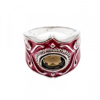 925 Sterling Silver Hessonite & Red Enamel Ring Size 9.5