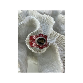 925 Sterling Silver Hessonite & Red Enamel Ring Size 9.5