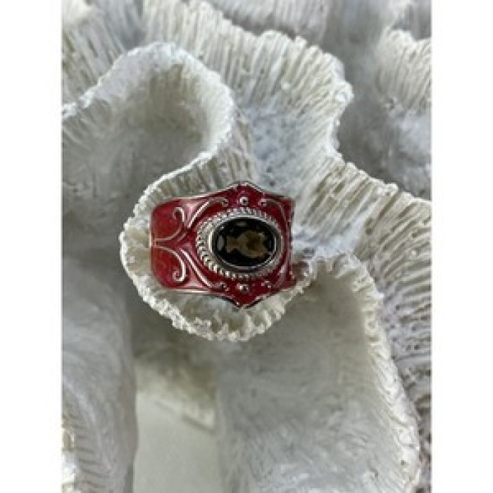 925 Sterling Silver Hessonite & Red Enamel Ring Size 9.5