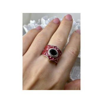 925 Sterling Silver Hessonite & Red Enamel Ring Size 9.5