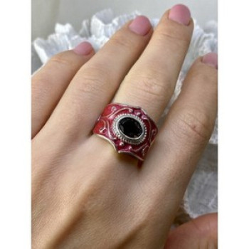 925 Sterling Silver Hessonite & Red Enamel Ring Size 9.5