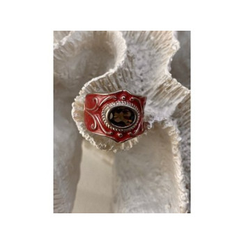 925 Sterling Silver Hessonite & Red Enamel Ring Size 9.5