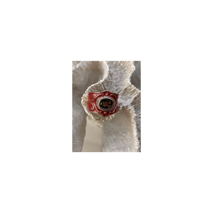 925 Sterling Silver Hessonite & Red Enamel Ring Size 9.5
