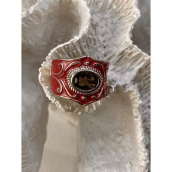 925 Sterling Silver Hessonite & Red Enamel Ring Size 9.5
