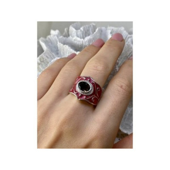 925 Sterling Silver Hessonite & Red Enamel Ring Size 9.5