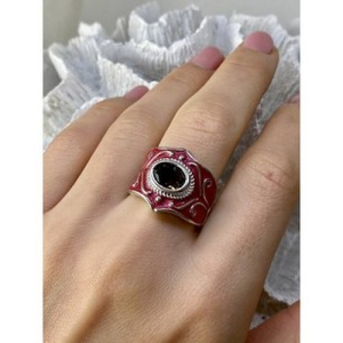925 Sterling Silver Hessonite & Red Enamel Ring Size 9.5