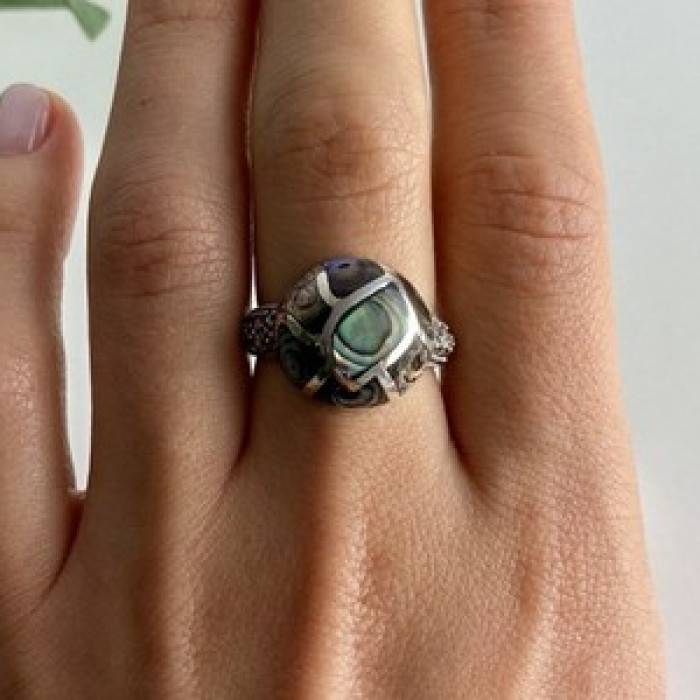 925 Sterling Silver Haliotis & Marcasites Ring Size 8.5