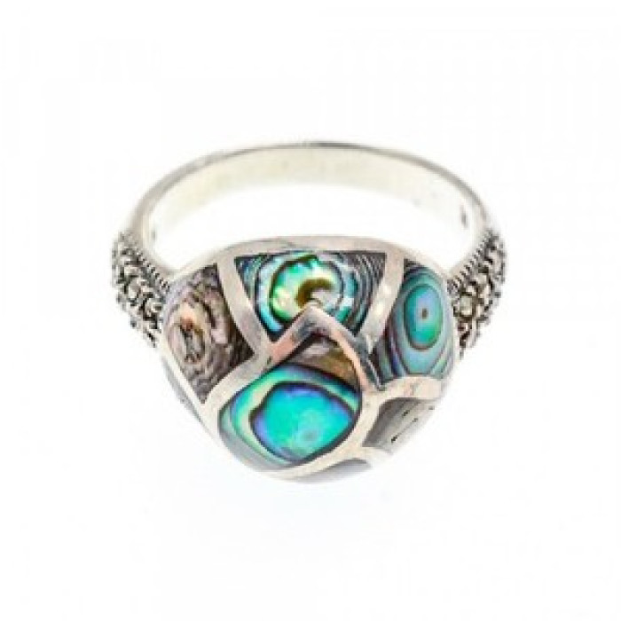 925 Sterling Silver Haliotis & Marcasites Ring Size 8.5