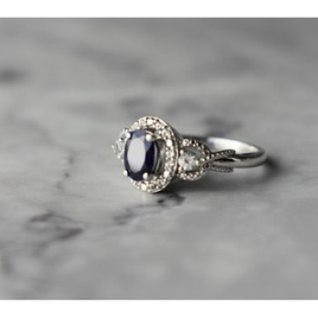 925 Sterling Silver Blue and White Sapphire Ring Size 6.5