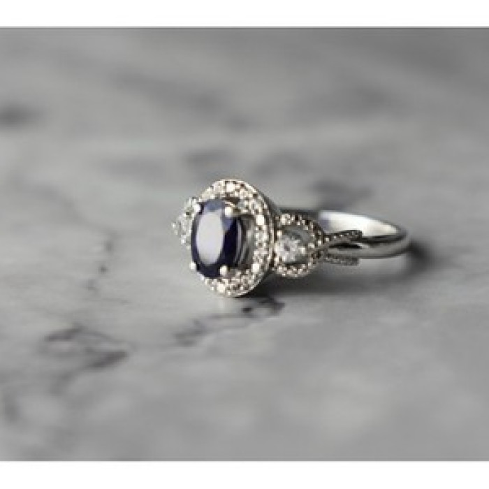 925 Sterling Silver Blue and White Sapphire Ring Size 6.5