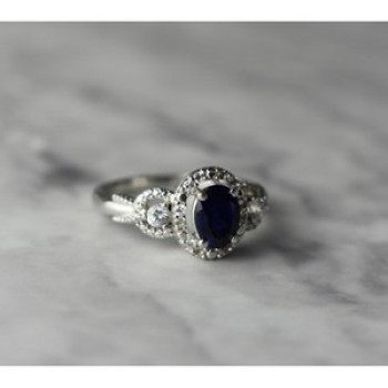 925 Sterling Silver Blue and White Sapphire Ring Size 6.5