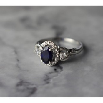 925 Sterling Silver Blue and White Sapphire Ring Size 6.5