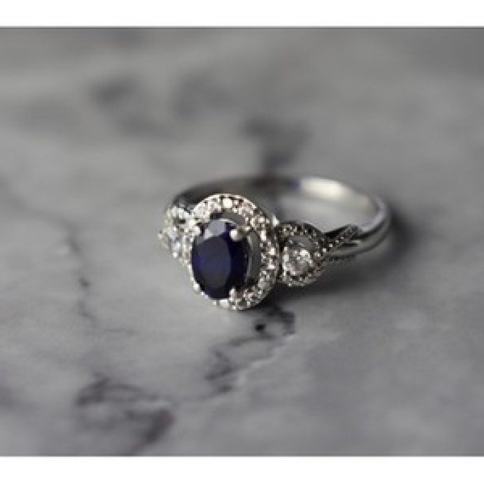 925 Sterling Silver Blue and White Sapphire Ring Size 6.5