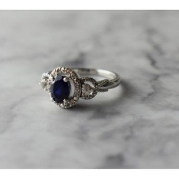 925 Sterling Silver Blue and White Sapphire Ring Size 6.5