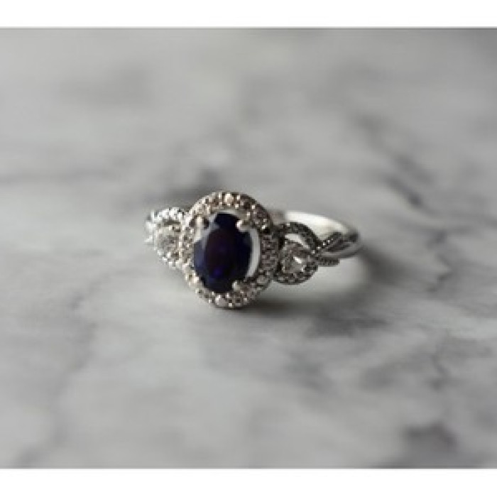 925 Sterling Silver Blue and White Sapphire Ring Size 6.5