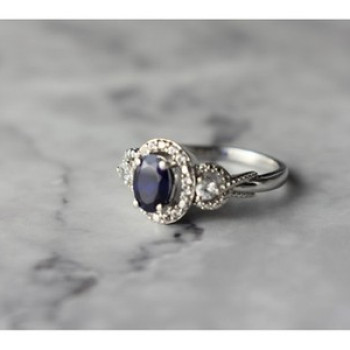 925 Sterling Silver Blue and White Sapphire Ring Size 6.5