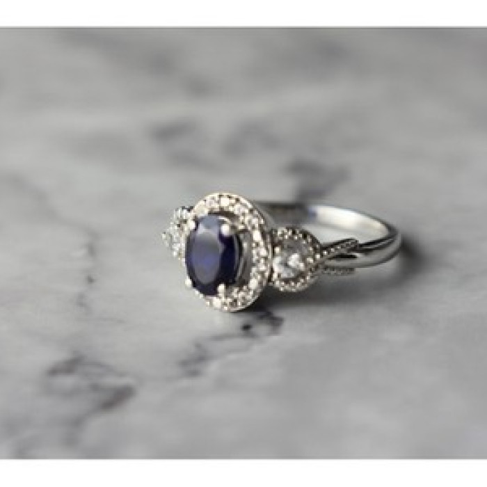925 Sterling Silver Blue and White Sapphire Ring Size 6.5