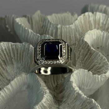 Mens 925 Sterling Silver Sapphire & Beryl Ring Size 10