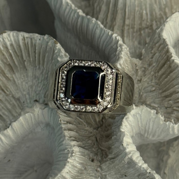 Mens 925 Sterling Silver Sapphire & Beryl Ring Size 10