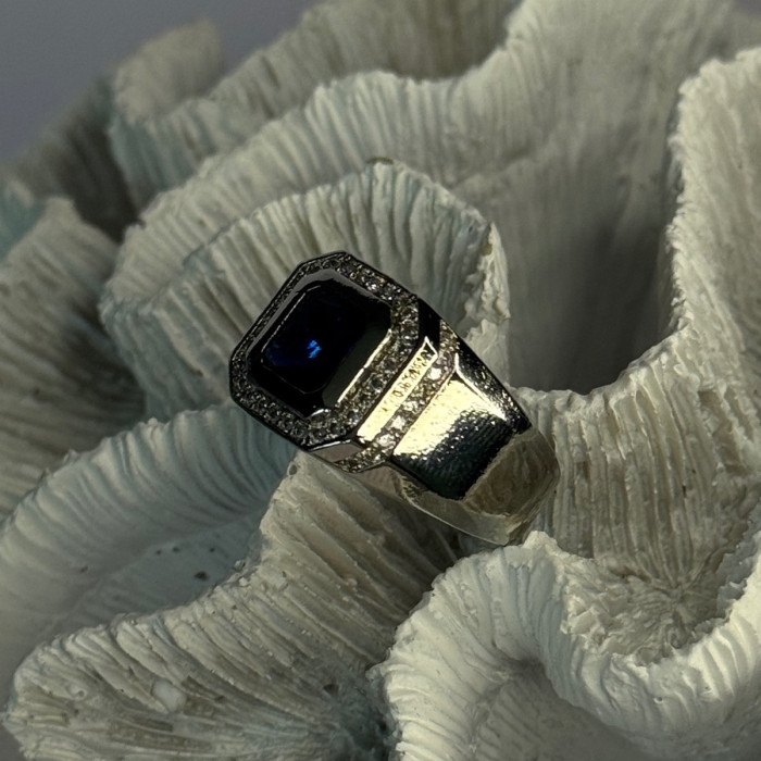 Mens 925 Sterling Silver Sapphire & Beryl Ring Size 10