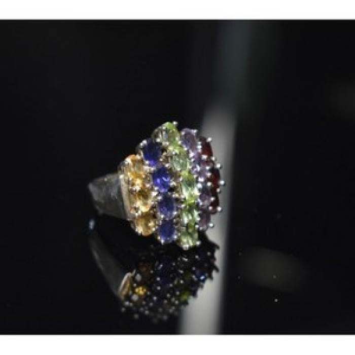 925 Sterling Silver Multi Gemstones Ring Size 8.5