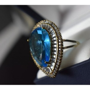 925 Sterling Silver With Gilding Blue Alpanite & CZ Ring Size 7.5